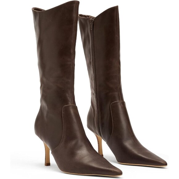 ⚡Women's Dark Brown Mid Calf Boots Pointed Toe High Heel Long Boots Side Zipper - Picture 1 of 7